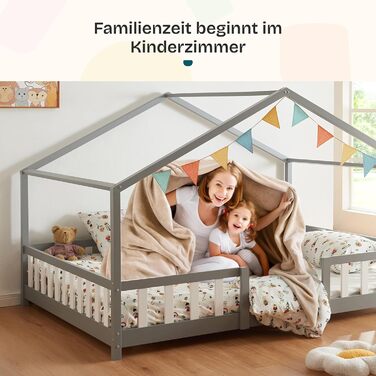 Дитяче ліжко Treviolo Hausbett від en.casa: дерев'яне ліжко Montessori з захистом від падіння, 120x200 см