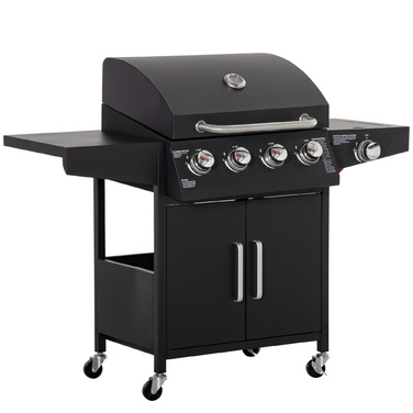 Газовий гриль Outsunny BBQ з 3 пальниками по 3 кВт, мобільний гриль-вагон на 4 колесах, сітка для гриля, бічні столики, редуктор, шланги, шафка, багатофункціональний, метал, чорний, 132,4 см x 55 см x 109 см