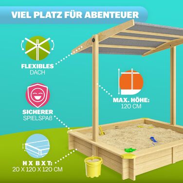 Пісочниця Spielwerk Samu з дахом від сонця 120x120 см, натуральне дерево, захист країв, UV 50, з рівнем наповнення, для дітей
