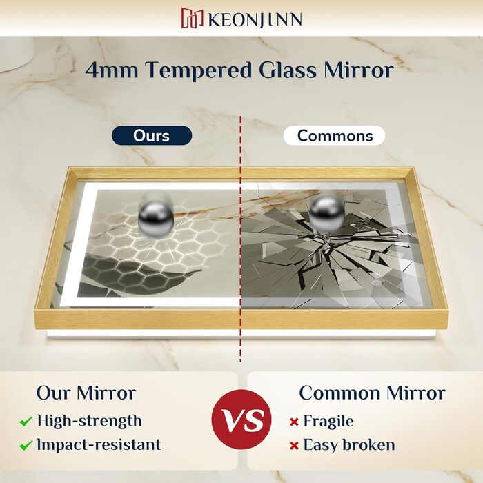 Дзеркало для ванної кімнати Keonjinn з підсвічуванням, 50x70 см, золотий металевий каркас, LED, сенсорне управління, 3 кольори світла, диммування, без запотівання, пам'ять налаштувань