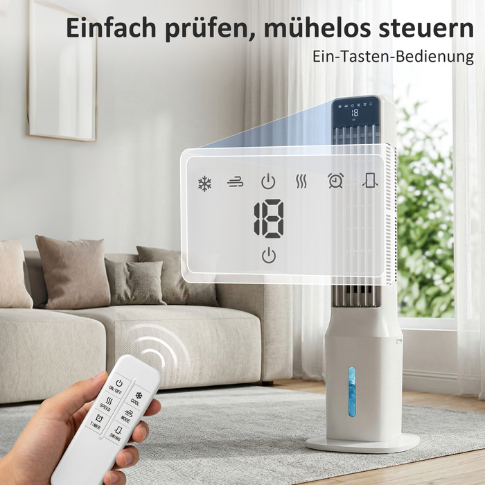 Портативний охолоджувач повітря 3-в-1 з резервуаром для води 9 літрів, кутом охоплення 48°, 3 швидкостями, 3 режимами, білий