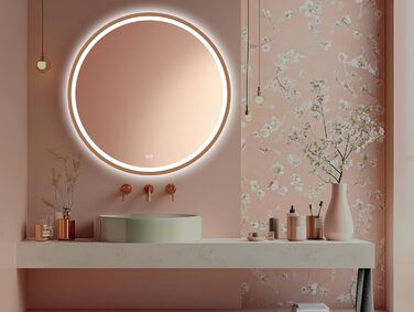 LED дзеркало для ванної кімнати Home Glow круглої форми 80 см з підсвічуванням, антизапарюванням, сенсорним вимикачем та металевим каркасом (червоне золото)