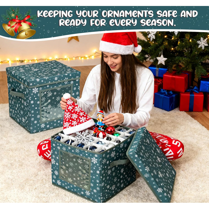 Коробка для зберігання новорічних прикрас, 166 відділень, з регульованими перегородками, кришкою та ручками, 31x31x30 см, червона, принт сніжинки, білий фон