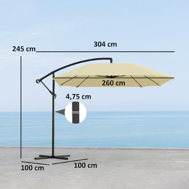Outsunny Консольний парасоль Alu Ø 260 см Парасолька, водонепроникна Кривошипна парасолька з підставкою, кривошипом, захистом від вітру, поворотна Маркет Парасолька похила Садова парасолька Захист від сонця для балкона Сад Патіо Бежевий
