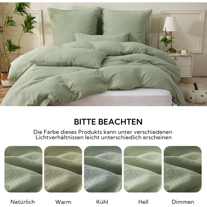 SOULFUL Комплект постільної білизни з мусліну 200x200, бавовна, 3 шт. (1x простирадло 200x200, 2x наволочки 80x80), Органічна білизна, колір лакричник, з блискавкою