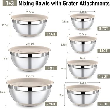 Набір місок для перемішування BEWOS 7 шт. з кришкою, нержавіюча сталь, з терткою, вкладна конструкція, розміри 0.5, 1, 1.4, 1.85, 2.35, 3.2, 4 л для змішування та подачі