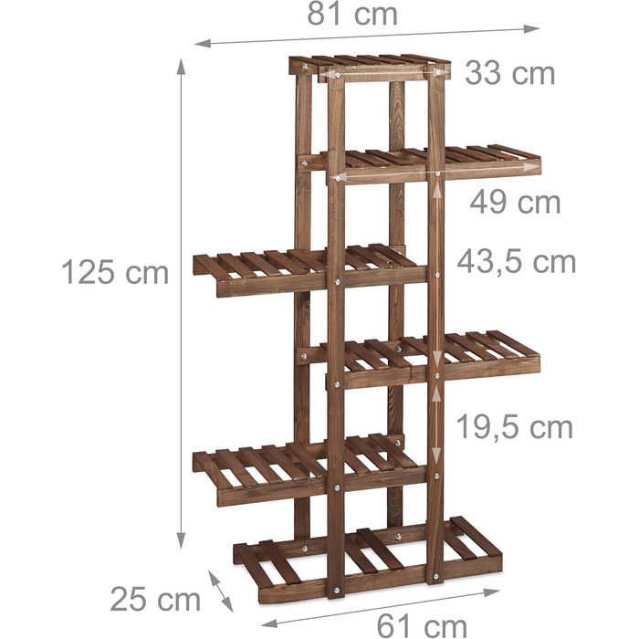 Дерев'яна стійка для квітів Relaxdays, 5 ярусів, приблизно 125 x 81 x 25 см, темно-коричнева
