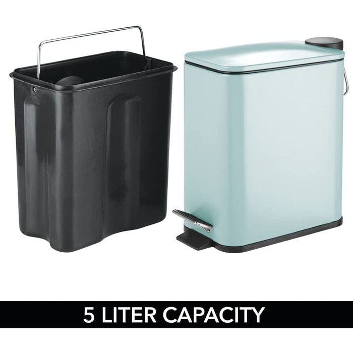 Прямокутна кошик для сміття MDESIGN-кошик для сміття об'ємом 5 л з нержавіючої сталі з педаллю, кришкою і пластиковою вставкою-елегантне косметичне відро або кошик для сміття для ванної, кухні та офісу- (м'ятно-зелений)
