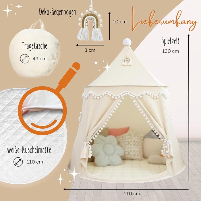 Дитячий намет LIONHERZ® DAS ORIGINAL: принцесин замок з бавовни та льону | з фібергласовими штангами та сумкою для перенесення | стабільний намет-тіпі для дівчаток (без аксесуарів)