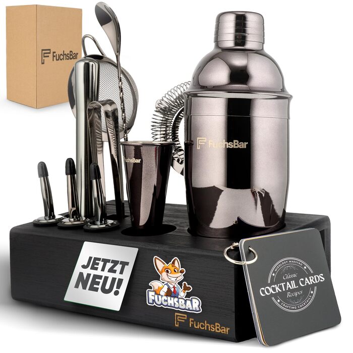 Набір для коктейлів, 8 предметів, нержавіюча сталь, з шейкером, стрейнером, ложкою, рецептами та аксесуарами – ідеальний барний набір для дому, вечірок та як подарунок