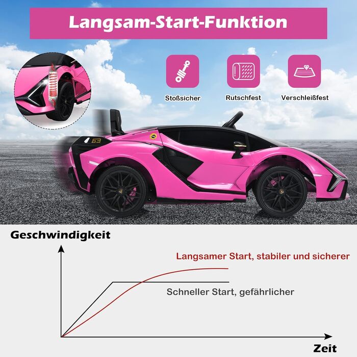 Дитячий електромобіль Lamborghini 12V з пультом, ременем безпеки, підсвіткою, музикою та сигналом, рожевий, для дітей від 3 років