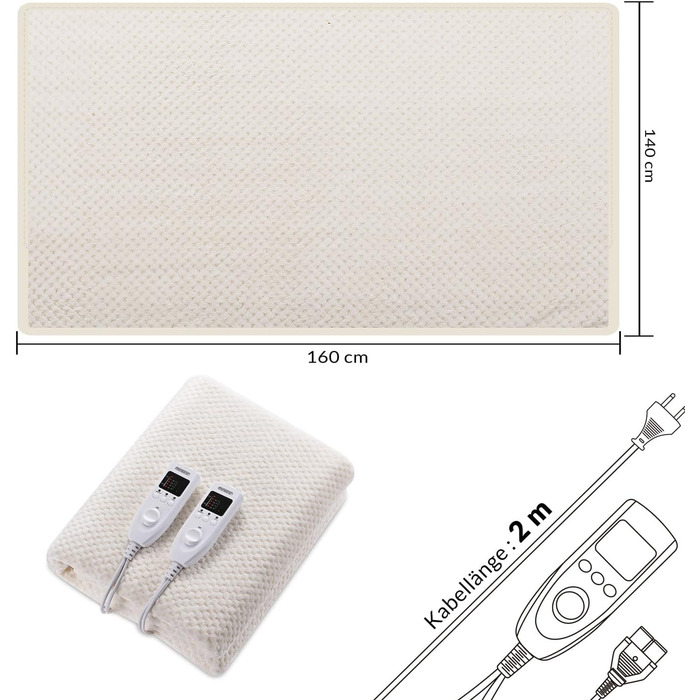 Електрична грілка Monzana 160x140 см, 5 режимів, фліс, подвійна, 2x60Вт, таймер, захист від перегріву, бежевий, прана