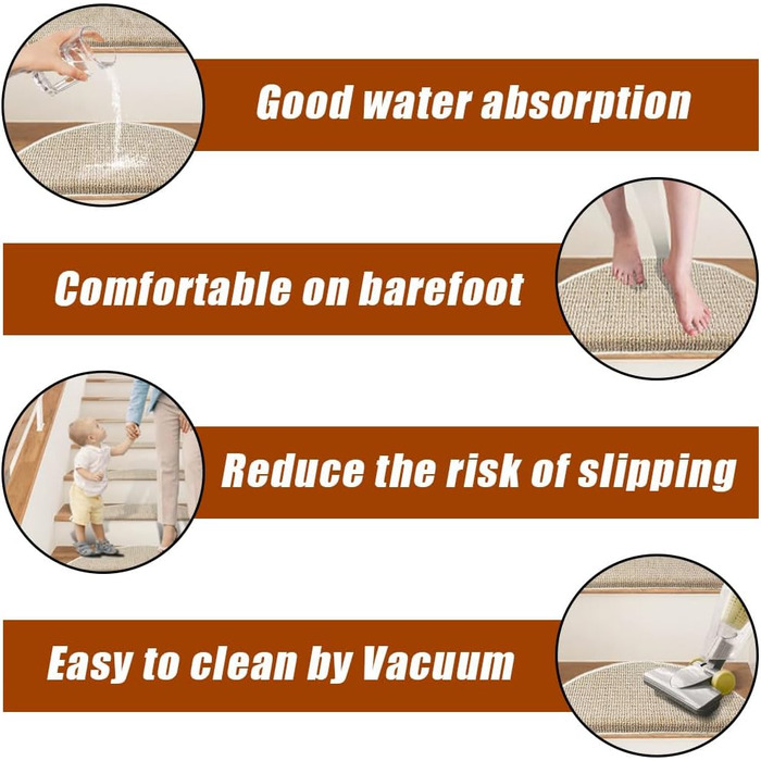 Килимок для сходин Qingbei Rina 22x65 см, набір з 15 шт, бежевий, антиковзкий, самоклеючий для дерев'яних сходин