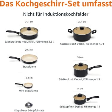 Керамічний кухонний набір Domopolis Basics з 11 предметів, з антипригарним покриттям, без PFOA та PTFE, чорний/кремовий