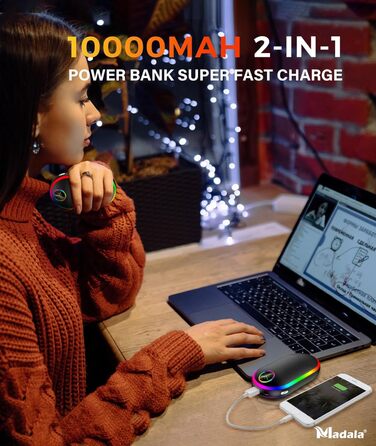 Електричний підігрівач для рук 10000mAh з підсвічуванням (7 кольорів), перезаряджуваний, портативний, чорний - ідеальний зимовий подарунок для чоловіків та жінок