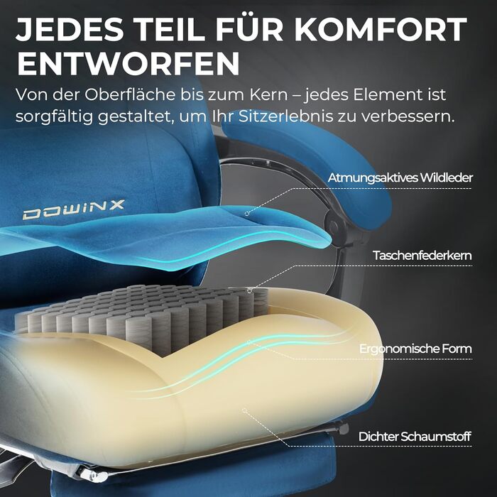 Ігровий крісло Dowinx з масажем попереку, регульованою підголівником, потовщеним сидінням, висувною підніжкою, регульованими підлокітниками, мікрофіброю велюром, нахилом 160°, блакитний колір