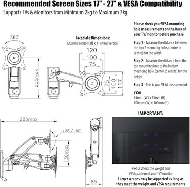 Кріплення для монітора Invision 17-27' з газовою пружиною, VESA 75x75/100x100, регулювання висоти, нахил, поворот, 2-7 кг [FX100]
