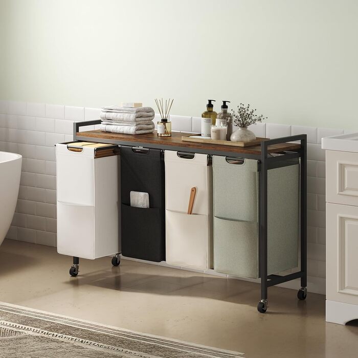 Кошик для білизни HOOBRO з 3 відділеннями, 119L, на колесах, з полицями, білий