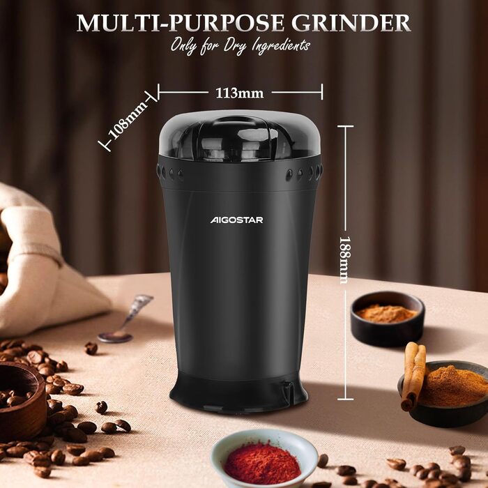 Кавомолка електрична Aigostar для кави, спецій та горіхів, нержавіюча сталь, 60г, 200 Вт, чорна (2 шт)