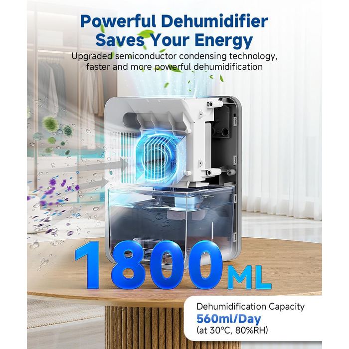 Електричний осушувач повітря 1800 мл з тихою роботою, функцією відтавання та автовимкнення, 7 кольорових підсвіток, портативний осушувач для спальні, ванної кімнати, підвалу, продуктивність 560 мл/24 год