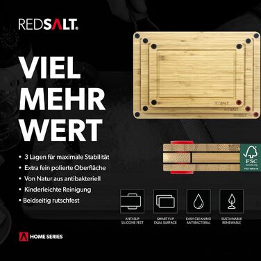 Набір дерев'яних обробних дощок REDSALT® з бамбука (3 шт.) | Антибактеріальні, з глибокою канавкою для соку, розміри 38x26, 32x22, 26x18 см | Сертифіковані FSC, преміум-якість