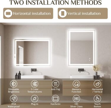 Дзеркало для ванної кімнати з підсвіткою 80x60 см, LED дзеркало з 3 кольорами світла, регульована яскравість, захисне скло, сенсорне управління, функція пам'яті, запобігання запотіванню, 60L x 80B cm