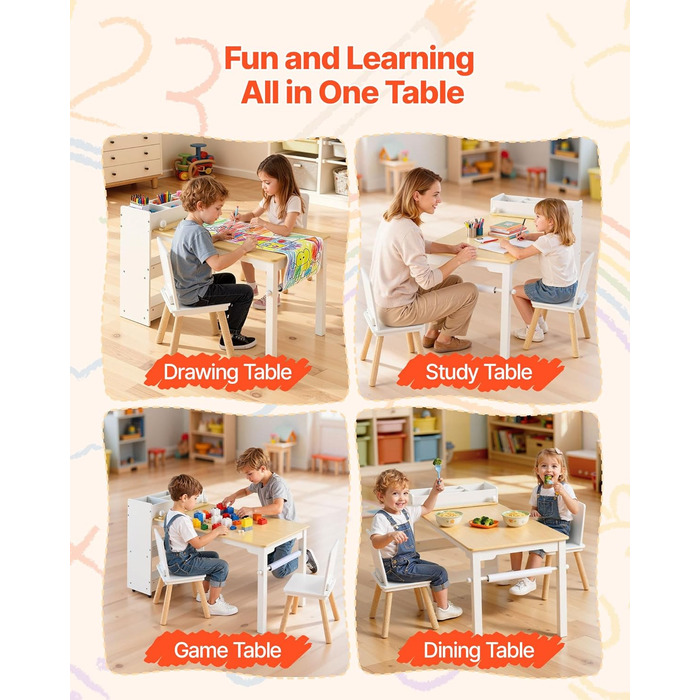 Дитячий стіл VEVOR з 2 стільцями та шафкою 3 ящики, набір для малювання, читання, письма, ігор, дитяча кімната, дитячий садок, білий + натуральне дерево, сучасний дизайн