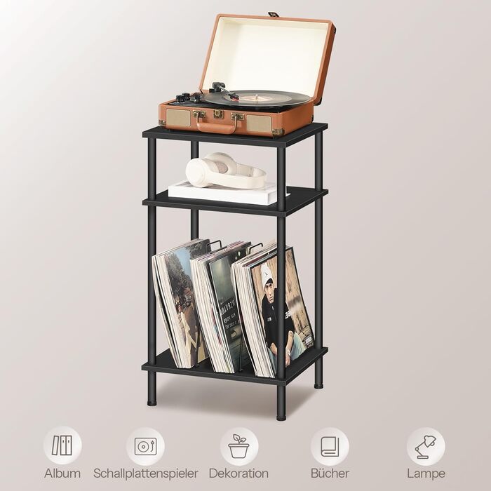 HOOBRO Підставка для програвача, 3-рівнева, приставний столик, органайзер для платівок, CD та альбомів, вінтажний коричневий та чорний (Чорний)