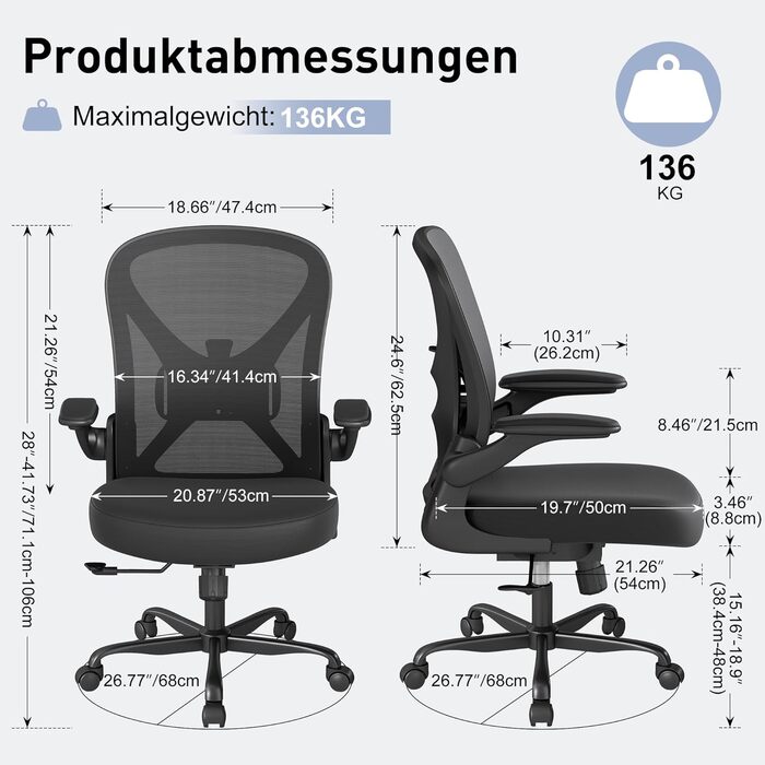 Ергономічне крісло для офісу ZZH з сітчастою спинкою, регульованою поперековою підтримкою та підйомними підлокітниками, дихаючий комп'ютерний стілець для дому з 360° обертанням та регулюванням висоти (Чорний)