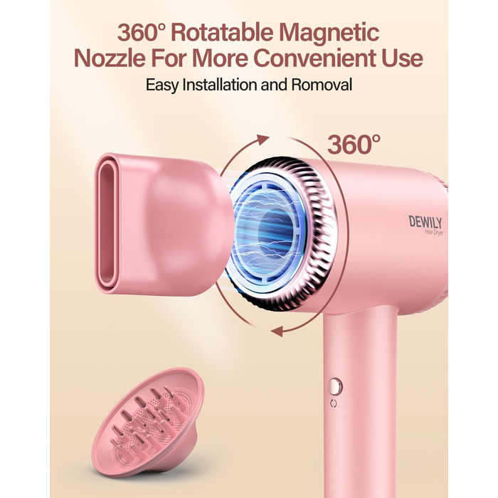 Іонний фен для волосся DEWILY з безщітковим двигуном 110,000 RPM, магнітним дифузором та 2 насадками, рожевий