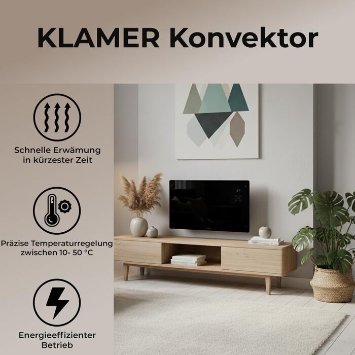 Konvektor KLAMER Pro 2500W з Wi-Fi, керуванням через додаток та таймером, ECO-режим, захист від замерзання, LED-дисплей, захист від перегріву, для дому та спальні, настінний/підлоговий, білий/чорний