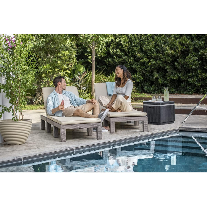 Шезлонг Allibert Daytona Deluxe для саду, тераси та балкону: регульована спинка, з подушкою, пластик, імітація ротангу, 195x65x25,5 см (Cappuccino)