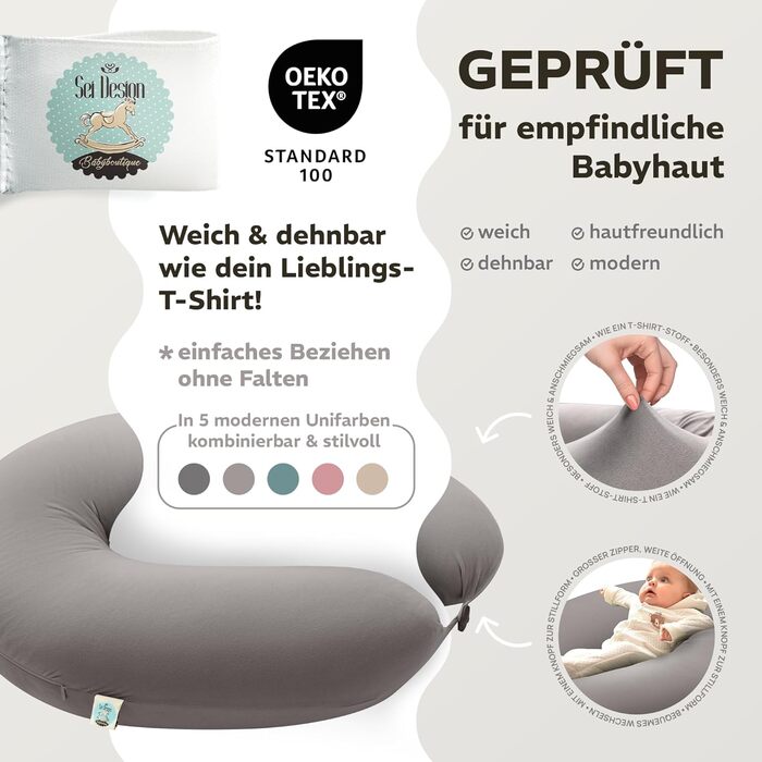 Подушка для годування та вагітності sei Design XXL (190x35 см), ергономічна подушка для сну з чохлом з органічної бавовни муслін, сріблясто-сіра