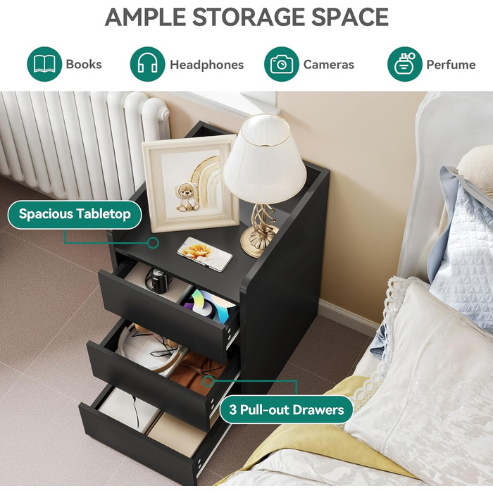 Приліжкові тумбочки YITAHOME (2 шт) з металевими ніжками та ручками, білий колір, 3 висувні ящики, 35 x 40 x 59 см, для спальні та вітальні