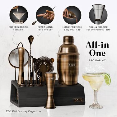 Набір бармена Pro Mixology: 14 предметів | Шейкер Boston, аксесуари для коктейлів | Набір для дому, подарунок | З бамбуковим підставкою, рецептами, з нержавіючої сталі (24oz)