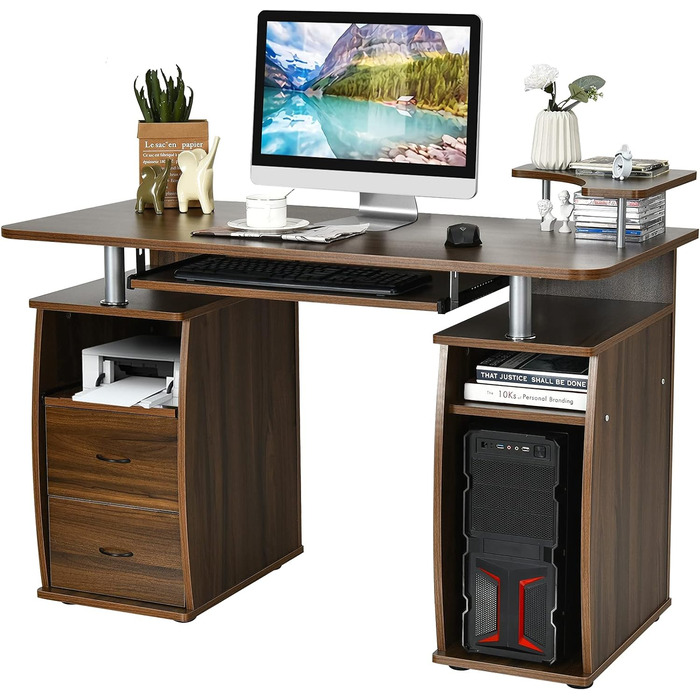 Комп'ютерний стіл COSTWAY з висувними ящиками, фокусер клавіатури, лоток для принтера та підставка для процесора, стіл із зберіганням, офісний стіл, робочий стіл, стіл для ПК для офісу, дому, 120 x 55 x 76 см (коричневий)