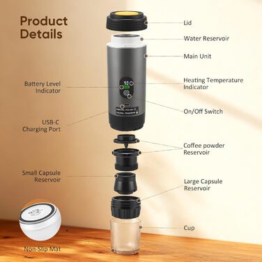 Hoyiyobi Міні кавомашина на акумуляторі, портативна еспресо-машина, 3-в-1 для дому, офісу та подорожей