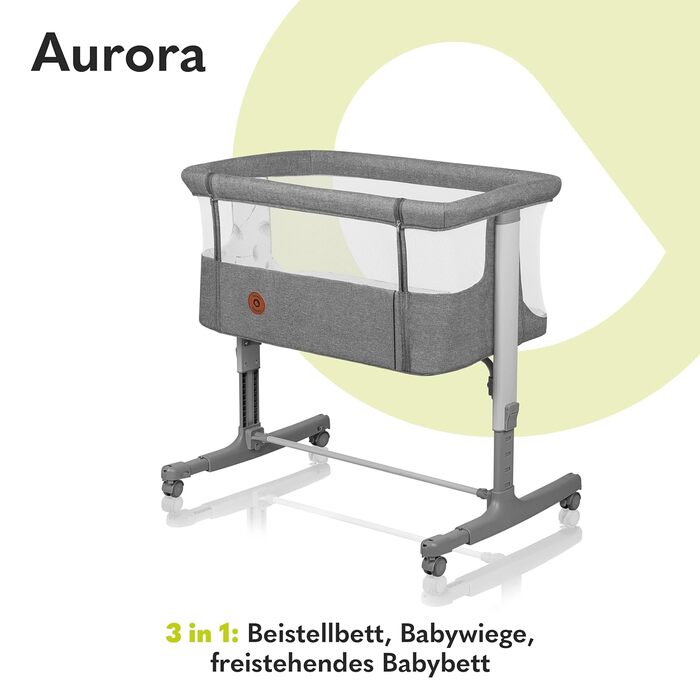 Дитяче ліжко Lionelo Aurora 3in1 до 9 кг, спальне місце, люлька, регулювання висоти, нахил, 4 колеса, сірий