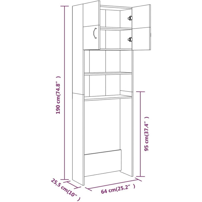 Пральна машина Шафа 2 двері 2 відділення Тумба для ванної кімнати 64x25.5x190см Дерево (Сіра Sonoma)