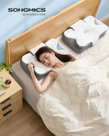Ергономічна подушка SONGMICS з ефектом пам'яті (Memory Foam), регульована за висотою, для сну на боці, спині та животі, біло-сіра TBP051GZ02