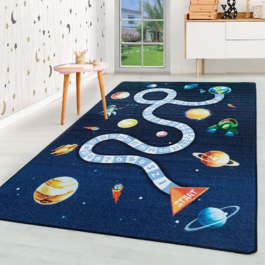 Дитячий килим HomebyHome з коротким ворсом, ігровий килим для дитячої кімнати, блакитна ракета-планета, Колір темно-синій, Розмір 140x200 см