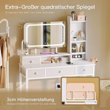 Трюмо ODK з регульованим LED-дзеркалом, туалетний столик з 4 висувними ящиками, USB-порт, білий колір, 100×40×140 см