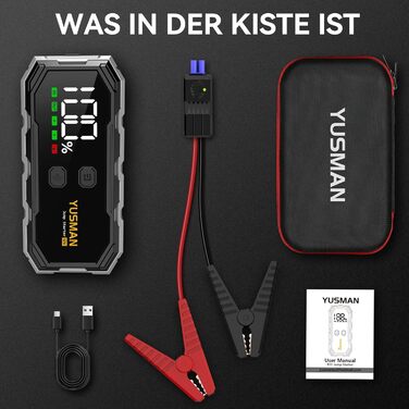 Портативний зарядний пристрій (Powerbank) Starthilfe для автомобілів | 8000A, бустер для акумулятора, LED-ліхтарик, дисплей, кабелі – для SUV, мотоциклів, газонокосарок Black