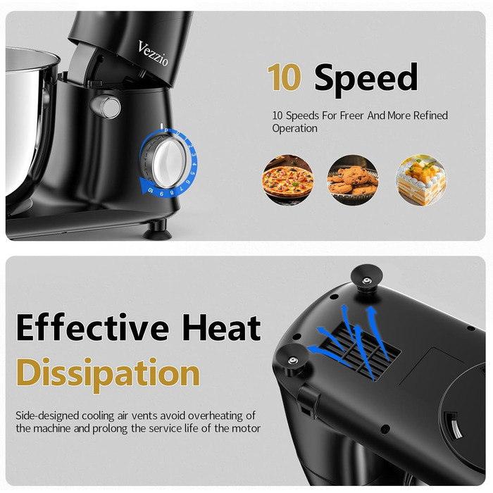 Кухонна машина Vezzio для випічки, 5.5л, 1500Вт, планетарне мішування, з набором насадок (чорна)