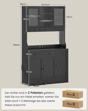 Чорний кухонний шафка з робочою поверхнею, буфет з LED-підсвіткою, розеткою, ящиками та регульованими полицями (103.5 x 40 x 180 см)