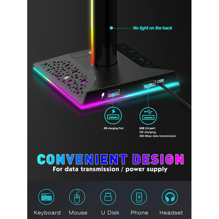 Підставка для навушників VCOM RGB з підсвічуванням, 10 режимів, 2 USB-порти, для геймерів, аксесуари для ПК