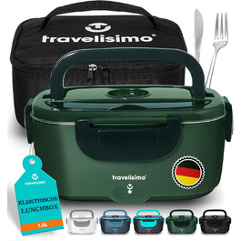 Електрична ланчбокс TRAVELISIMO 80W 1,5L 3-в-1: для авто, роботи, вантажівки. Підігрівання їжі 12V/24V/220V, мікрохвильова альтернатива (темно-зелений)