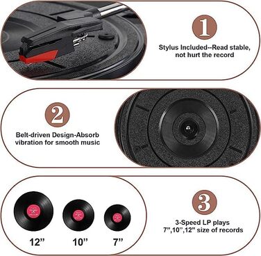 Bluetooth вініловий програвач із вбудованими динаміками, підтримка USB, RCA виходу, AUX, навушників, автостоп, 3-швидкісний ремінний привід, портативний фонограф для розваг і декору