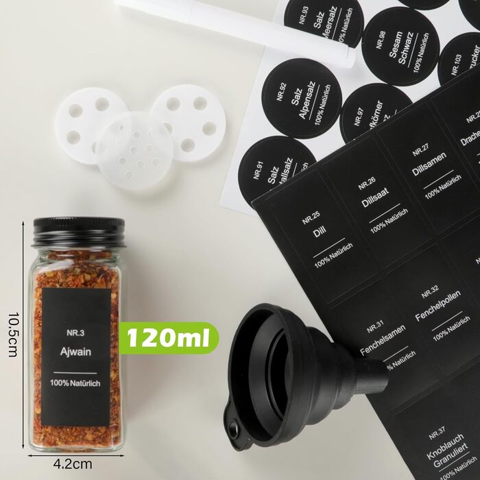 Набір контейнерів для спецій на 30 штук з мірками та вологостійкими етикетками, 120 мл, чорний, з кришками