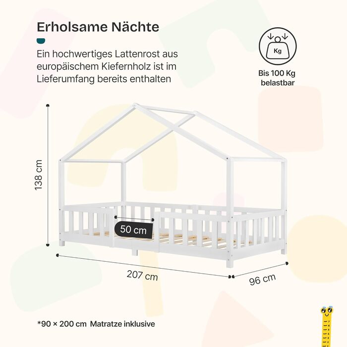 Дитяче ліжко Treviolo від en.casa: ліжко-хала з захистом від падіння, монтайсорі, з ламелями, з сосни, біле